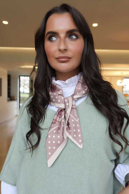 Plaid & Polka Border Triangle Silk Neckerchief Almond